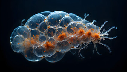 Obraz premium Transparent sea creature with orange centers and dark background is a unique sight to see