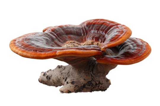Glossy, tiered reishi mushroom on small mound