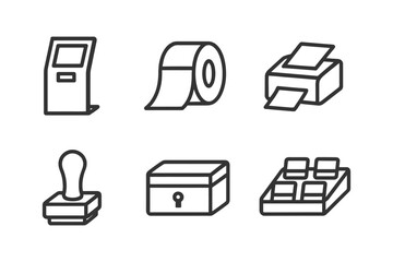 Kiosk atm line art icons featuring tape printer stamp box cash register.