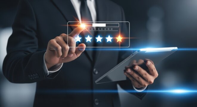Businessman giving a four star rating on a digital tablet interface