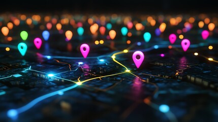 Colorful location markers on a digital map.