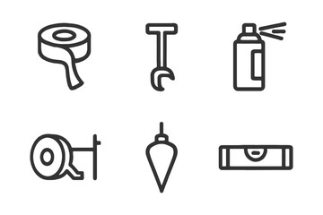 Simple line icons of tape, hooks, spray can, plumb bob, and level tool.