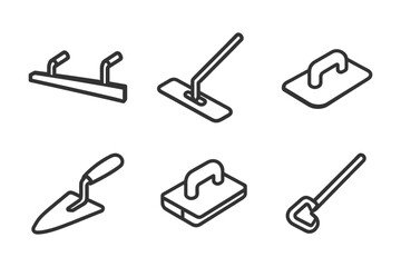 Set of six construction trowels and tools in minimalist line art style.