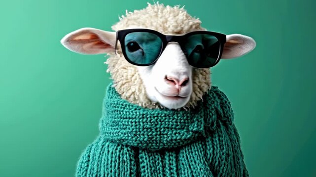 Cool sheep wearing sunglasses and green sweater on teal background