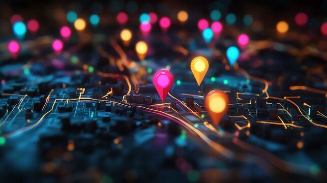 Colorful map markers on a digital city layout.
