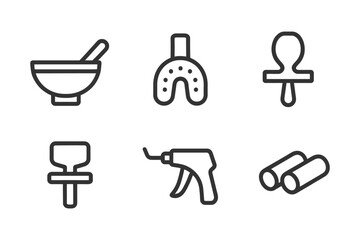 Dental tools icons set: bowl, spatula, mouthguard, pacifier, applicator, dental gun, rolls.