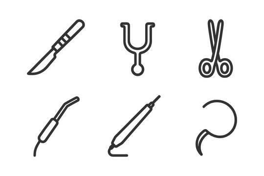 Surgical instruments set: scalpel, stethoscope, scissors, cautery, needle holder, hook.