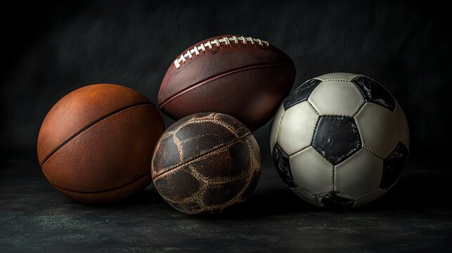 Variety of sports balls on dark surface.