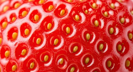 Close up macro photography of a ripe red strawberry surface with many seeds