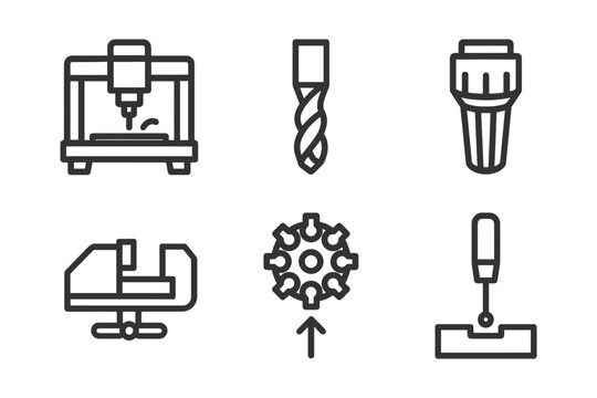 Set of cnc machine tools and accessories: drill, chuck, vise, milling cutter.