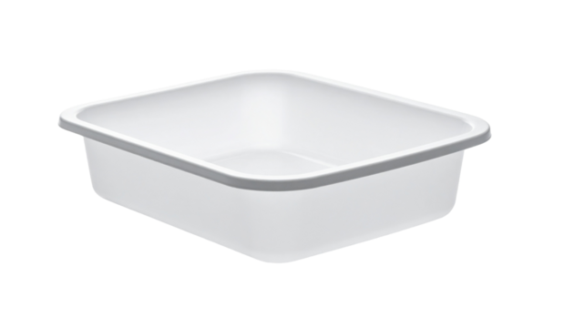 Rectangular, white plastic tub with a gray rim, isolated