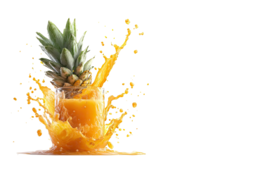 Pineapple juice splash! Glass fills with vibrant yellow liquid