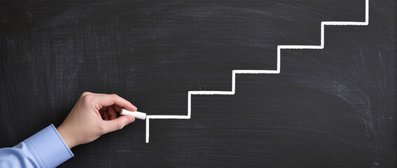 Steps to succeed in business, Businessman drawing steps on chalkboard