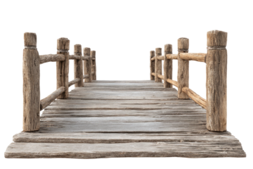 Weathered wooden footbridge with rail over black background