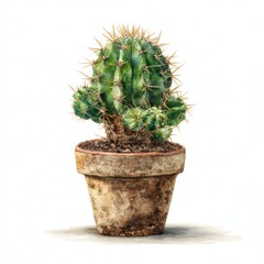 Green Cactus in Terracotta Pot Watercolor Painting