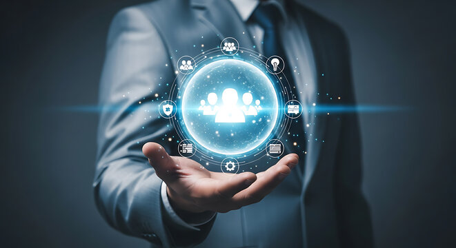 Businessman holding virtual human resources management system in his hand