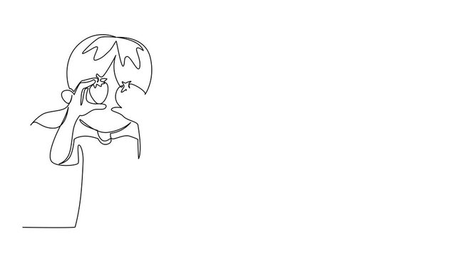 Self drawing animation of single continuous line drawing a girl holds a strawberry in both hands and puts it in front of her eyes. Small. National Pick Strawberries Day. Full length animated