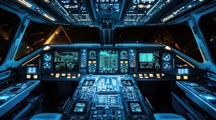 Control cockpit of a modern aircraft featuring advanced technology and bright displays at night
