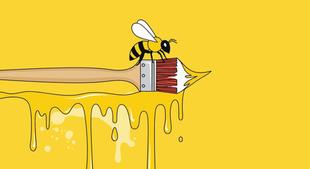 A whimsical illustration of a bee perched on a paintbrush dripping honey yellow