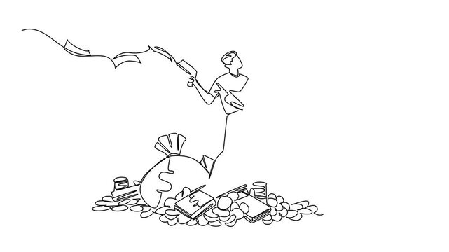 Self drawing animation of continuous line drawing a man stands on a pile of money holds gun that shoots out banknotes in both hands. Sharing in a unique way Be a Millionaire Day. Full length animated