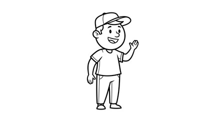 Obraz premium Friendly cartoon boy wearing a baseball cap waving his hand in simple line art style