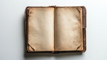 Fototapeta premium Old open book with empty pages resting on a white surface, showcasing its worn edges and vintage charm