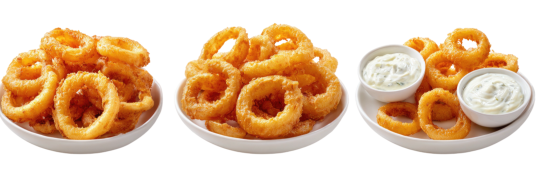 Fried onion rings with dips on white plates