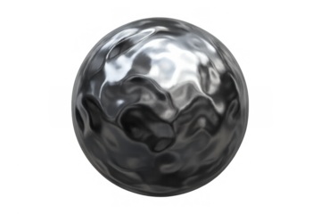 Abstract liquid metal sphere creating ripples, reflective chrome orb with wavy surface on transparent background