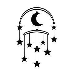 Black crescent moon and stars mobile on white background