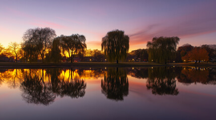 willow. Tranquil lakeside scene with weeping willow and pastel sky mirrored in calm waters. travel magazines, destination branding, designed for outdoor magazines and nature guides.