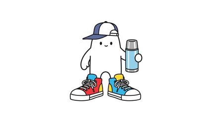 Playful illustrated character with cap, sneakers, and thermos stands on a blank stage