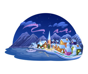 Winter Village with Snow, Christmas Tree, and Northern Lights Cartoon Illustration Vector