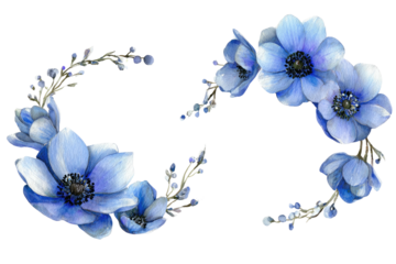 Blue flower crescents, watercolor style on black background