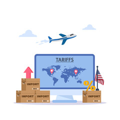 Isometric showing US import tariff increases, affecting global logistics with planes, cargo ships, trucks and map routes symbolizing Import tariffs, trade wars and economic conflicts
