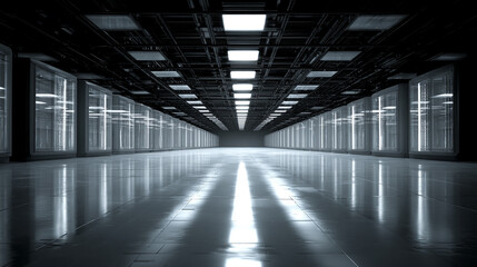 Empty hyperrealistic server room with controlled moody lighting showcasing rows of data racks cables and glowing panels symbolizing infrastructure security and digital power
