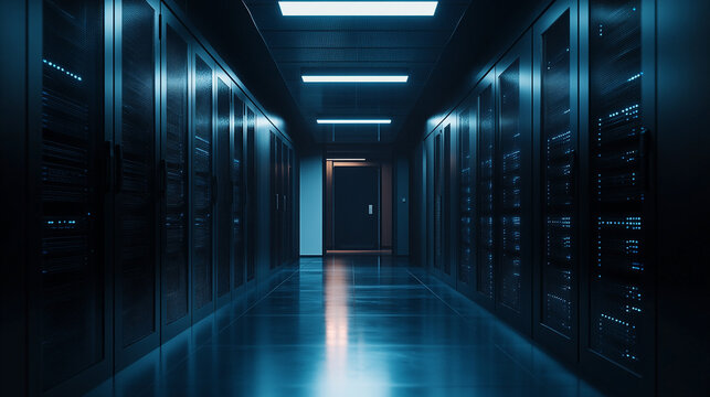 Empty hyperrealistic server room with controlled moody lighting showcasing rows of data racks cables and glowing panels symbolizing infrastructure security and digital power
