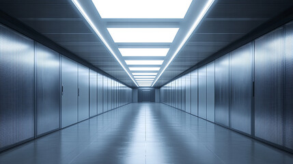 Empty hyperrealistic server room with controlled moody lighting showcasing rows of data racks cables and glowing panels symbolizing infrastructure security and digital power