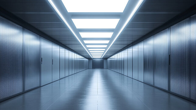 Empty hyperrealistic server room with controlled moody lighting showcasing rows of data racks cables and glowing panels symbolizing infrastructure security and digital power
 - Powered by Adobe