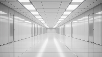 Empty hyperrealistic server room with controlled moody lighting showcasing rows of data racks cables and glowing panels symbolizing infrastructure security and digital power