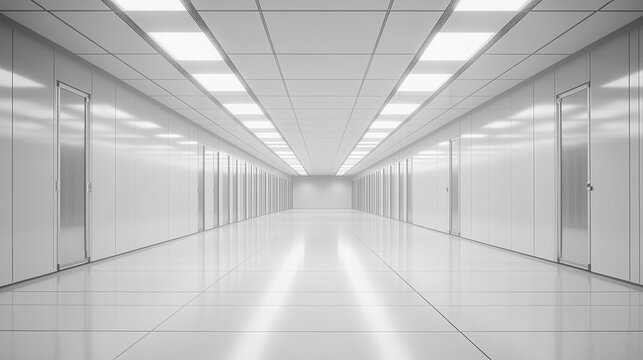 Empty hyperrealistic server room with controlled moody lighting showcasing rows of data racks cables and glowing panels symbolizing infrastructure security and digital power
