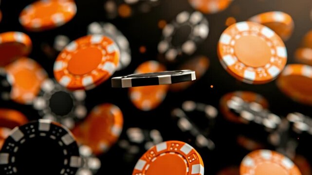 Flying poker chips in motion with blurred orange and black focus