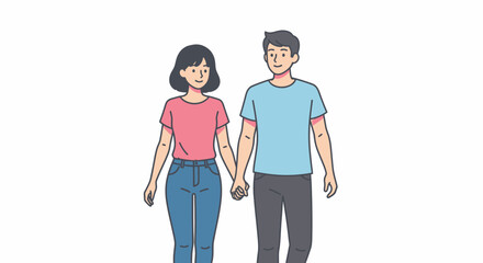 Obraz premium Stylized illustration depicting a young couple strolling hand in hand with joyful expressions