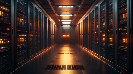 Empty hyperrealistic server room with controlled moody lighting showcasing rows of data racks cables and glowing panels symbolizing infrastructure security and digital power
