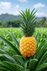 Obraz premium Ripe pineapple growing in a tropical agricultural field