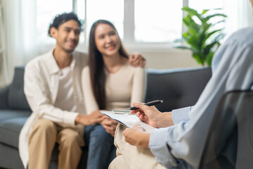 Spouses relationship consultant concept, Married couple listen to psychologist  during therapy talk...