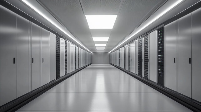 Empty hyperrealistic server room with controlled moody lighting showcasing rows of data racks cables and glowing panels symbolizing infrastructure security and digital power
