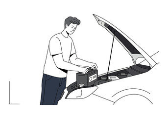 Man changing car battery under open hood. Suitable for automotive, repair, mechanic, diy, maintenance, and car tutorial concepts.