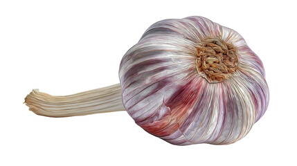 Close up view of a single bulb of garlic with a long stem on a black background illustration