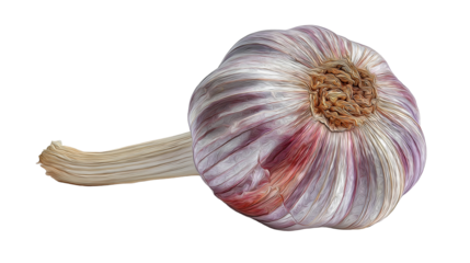 Close up view of a single bulb of garlic with a long stem on a black background illustration