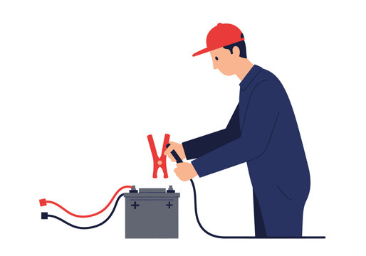 Man jumps a battery using cables with alligator clips easily. Suitable for automotive and mechanicrelated concepts, vehicle maintenance tutorials or diy projects.